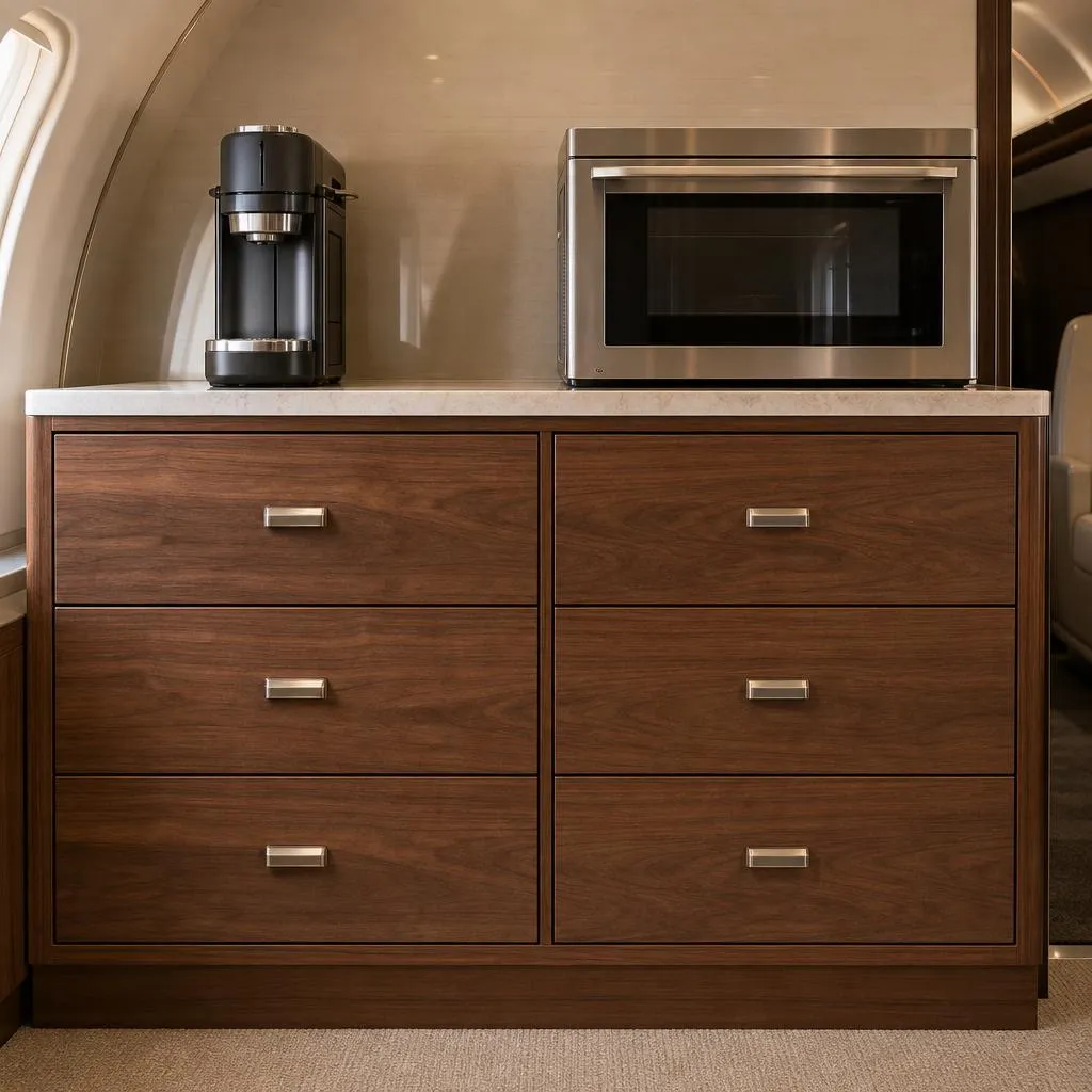 Forward galley cabinet with coffee maker and oven above six walnut drawers